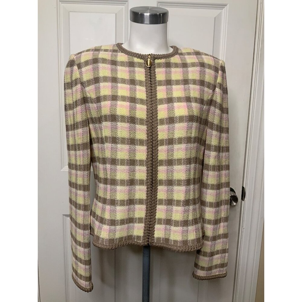 St. John Collection Sand Multi Plaid Knit Jacket NWT $1075, Size 10